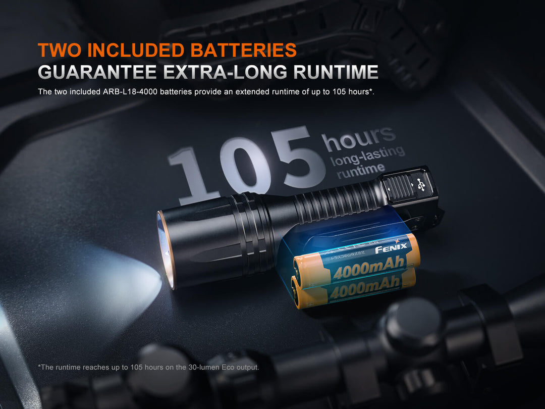 Fenix TK35R Red Version flashlight with two included batteries on a dark background, highlighting battery runtime.