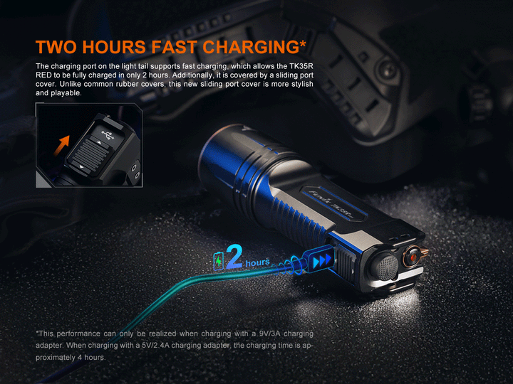 A GIF showing the Fenix TK35R Red Version flashlight fast charging