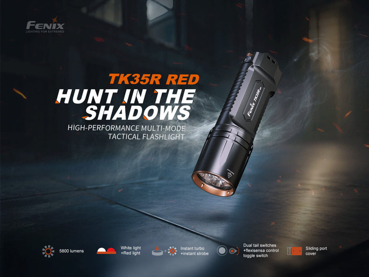Fenix TK35R RED tactical flashlight with promotional text on a dark background