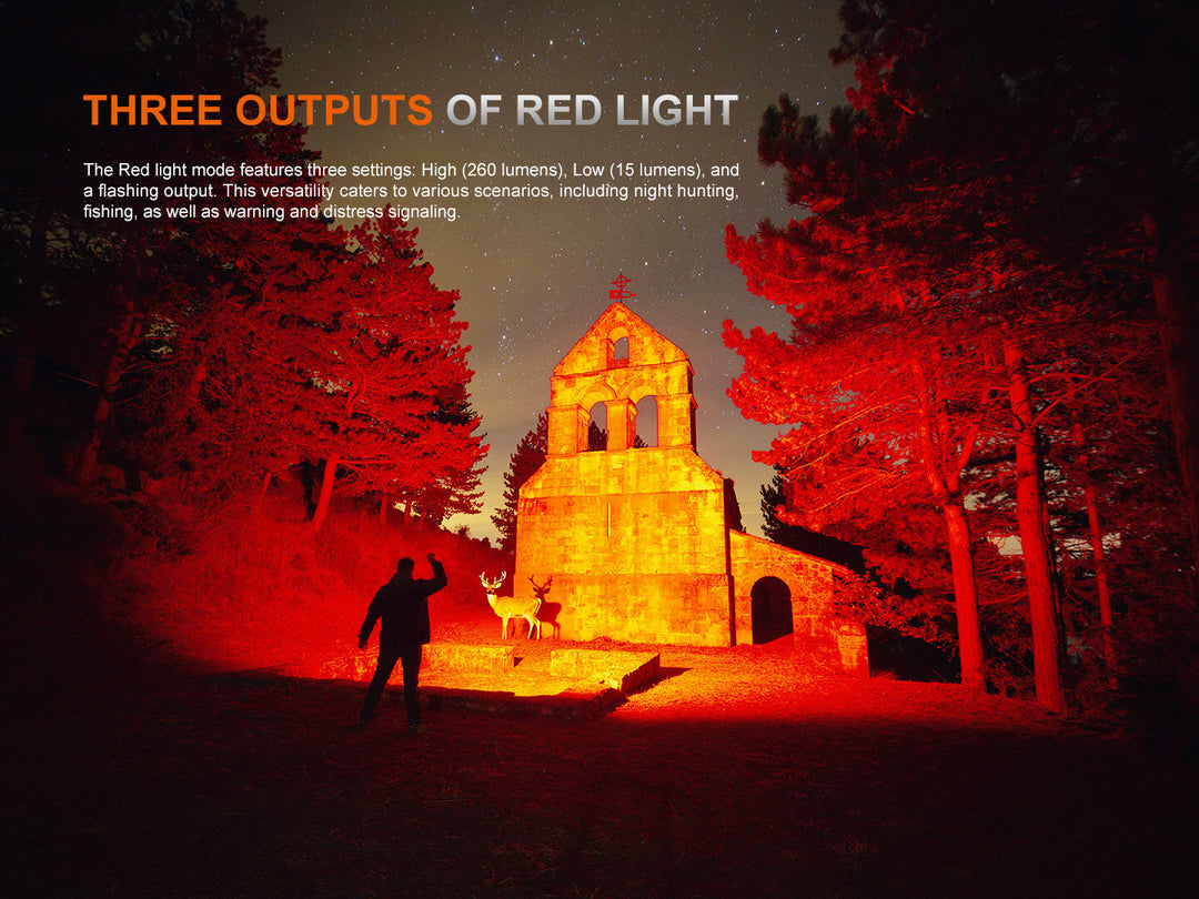 Red light mode effect on a church and silhouette in a forest