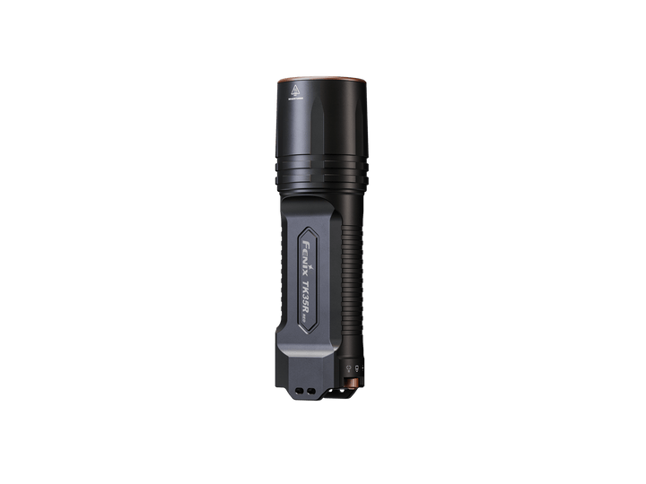Black Fenix TK35R Red Version flashlight on a black background