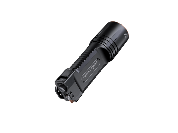 Black tactical Fenix TK35R Red Version flashlight on a black background
