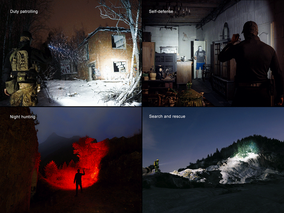 A GIF showing several uses of the Fenix TK35R Red Version flashlight 