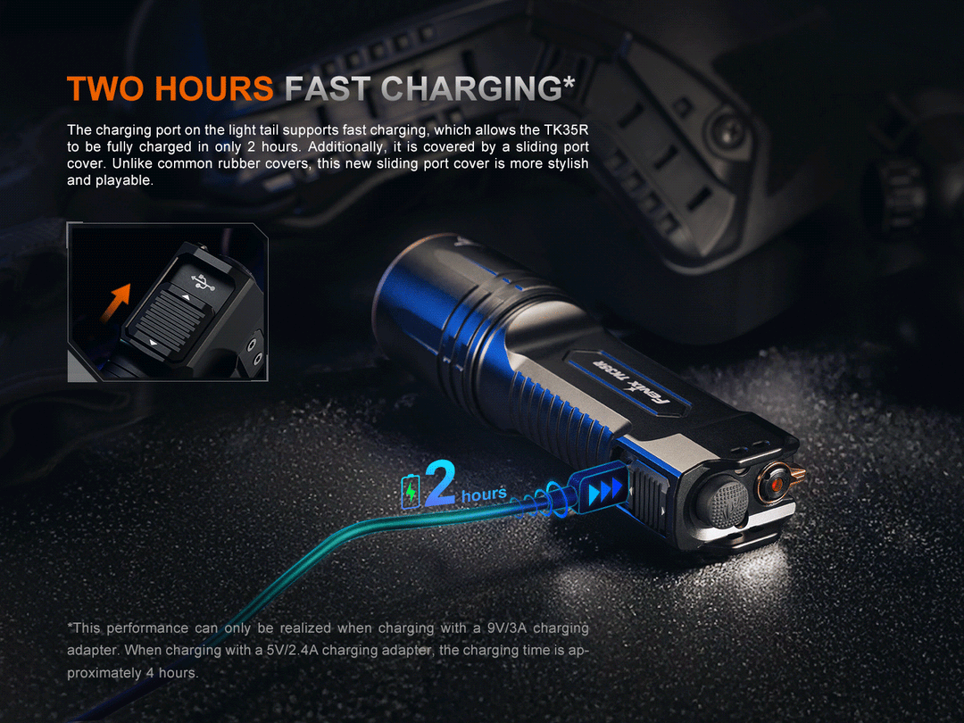 GIF showing fast charging of the Fenix TK35R flashlight from Fenix Store. 