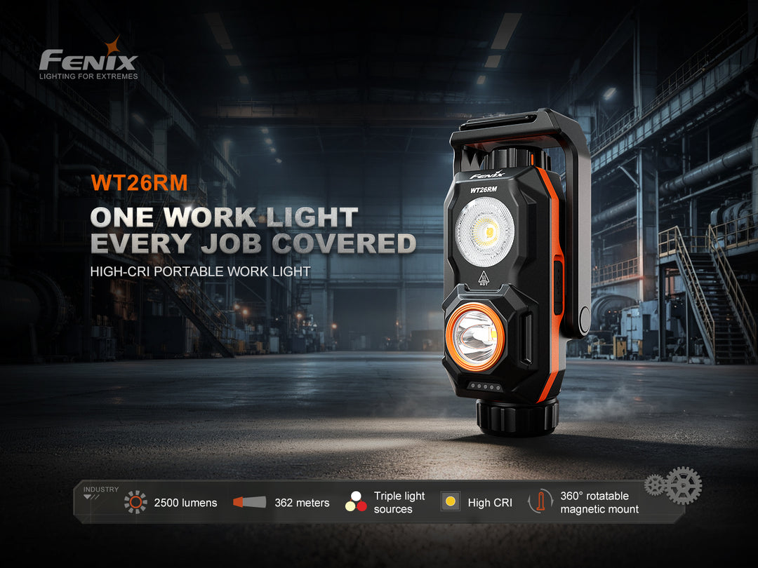 Fenix WT26RM rechargeable work light lit up on an industrial factory floor, highlighting 2500 lumens, 362-meter beam distance, triple light sources, high-CRI floodlight, and 360-degree rotatable magnetic mount