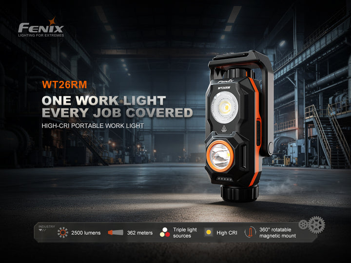 Fenix WT26RM rechargeable work light lit up on an industrial factory floor, highlighting 2500 lumens, 362-meter beam distance, triple light sources, high-CRI floodlight, and 360-degree rotatable magnetic mount