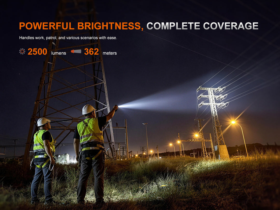 Two utility workers in hard hats and high-visibility vests using the Fenix WT26RM's spotlight beam to illuminate power line towers at night, showing 2500 lumens and 362-meter beam distance