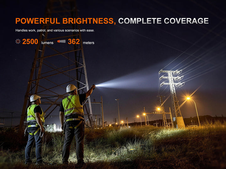 Two utility workers in hard hats and high-visibility vests using the Fenix WT26RM's spotlight beam to illuminate power line towers at night, showing 2500 lumens and 362-meter beam distance
