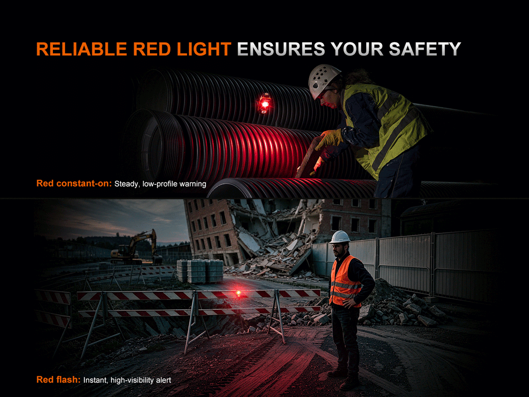 Fenix WT26RM red light mode shown in constant-on and flashing settings for low-profile and high-visibility safety warning