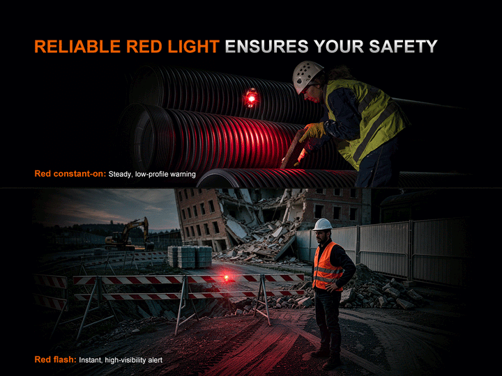 Fenix WT26RM red light mode shown in constant-on and flashing settings for low-profile and high-visibility safety warning