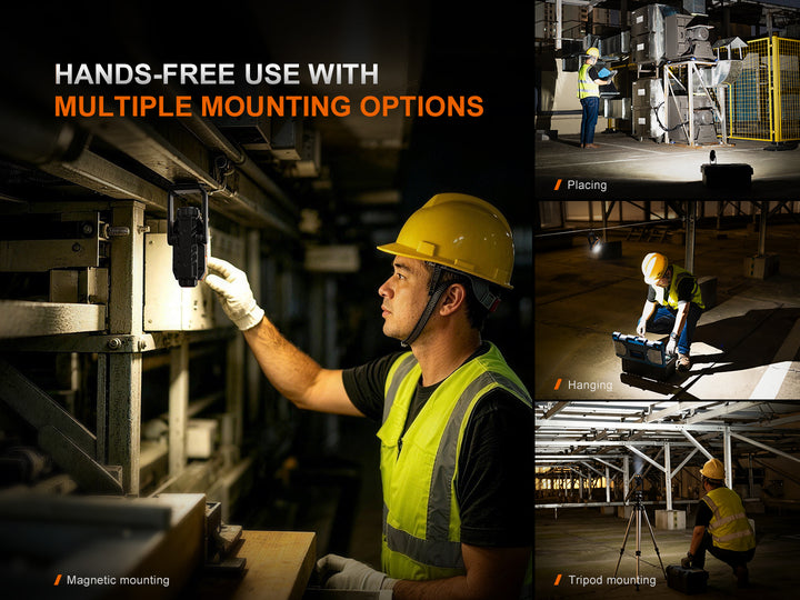 Fenix WT26RM used hands-free via magnetic mounting on machinery, placed on a shelf, hung from an overhead rail, and set up on a tripod