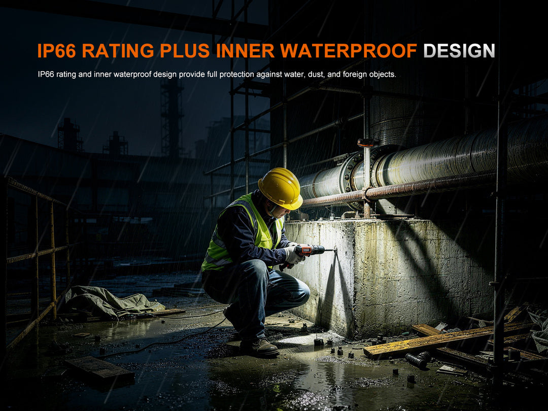 Worker in rain gear using the Fenix WT26RM to inspect industrial piping in wet outdoor conditions, illustrating its IP66 waterproof rating