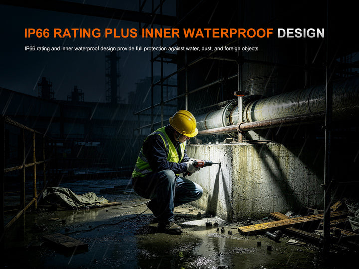 Worker in rain gear using the Fenix WT26RM to inspect industrial piping in wet outdoor conditions, illustrating its IP66 waterproof rating