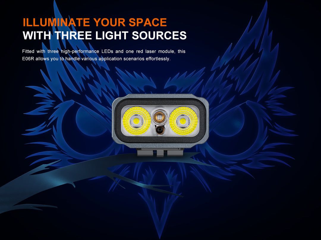 Fenix e06r keychain light as viewed from the front showing the LEDs