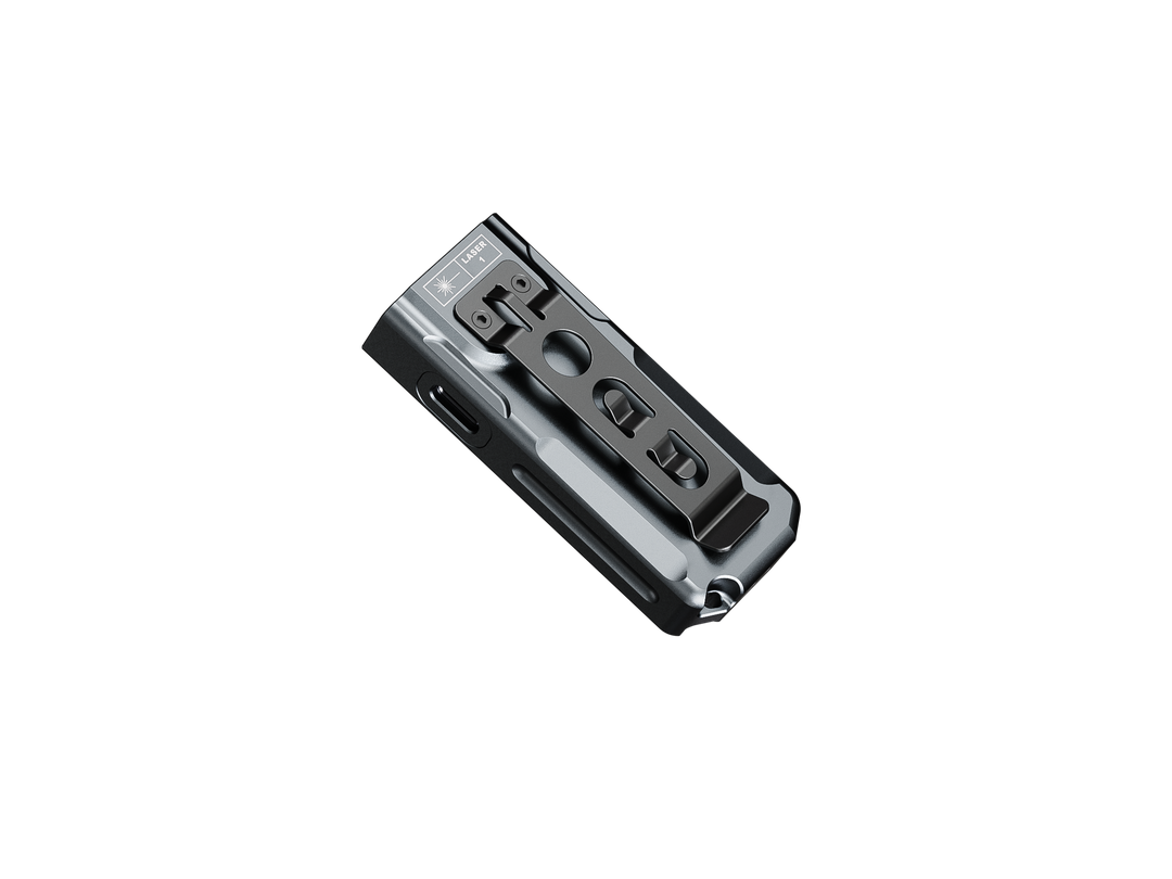 Fenix e06r keychain light as viewed from the bottom, showing the clip