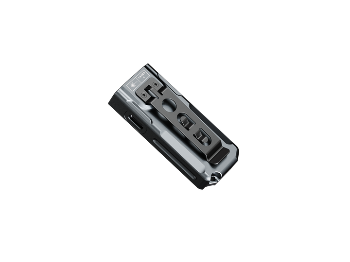 Fenix e06r keychain light as viewed from the bottom, showing the clip