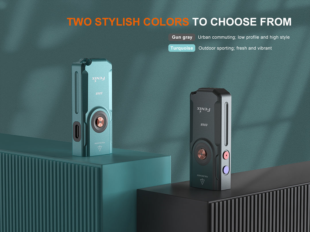Fenix e06r keychain light in two colors on matching counters