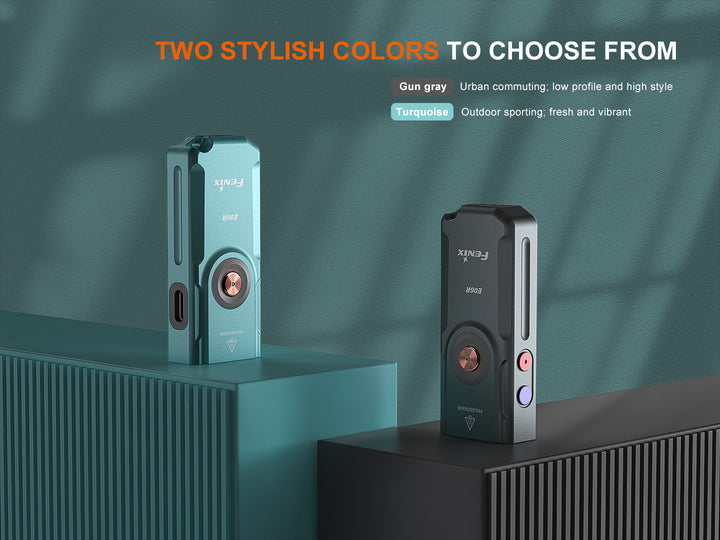Fenix e06r keychain light in two colors on matching counters