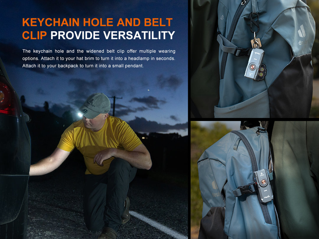 Several photos showing the keychain attachment options of the Fenix e06r keychain light 