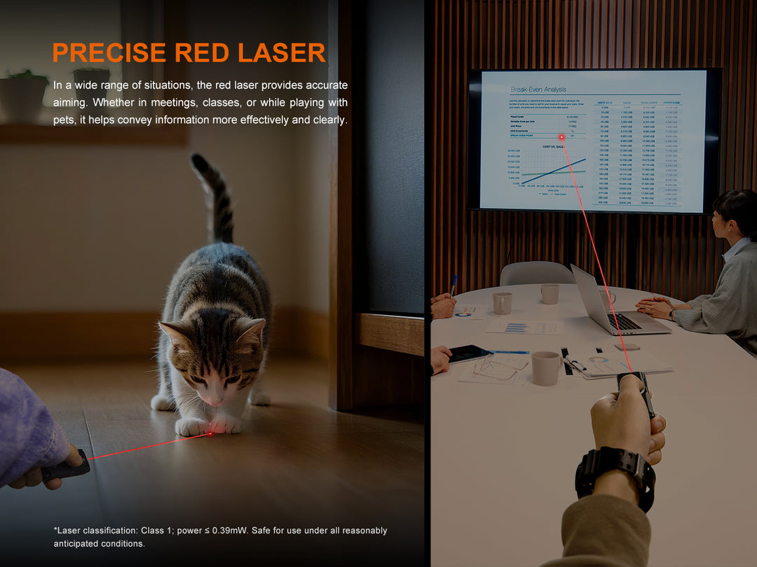 Two photos showing the uses of the red laser of the Fenix e06r keychain light 