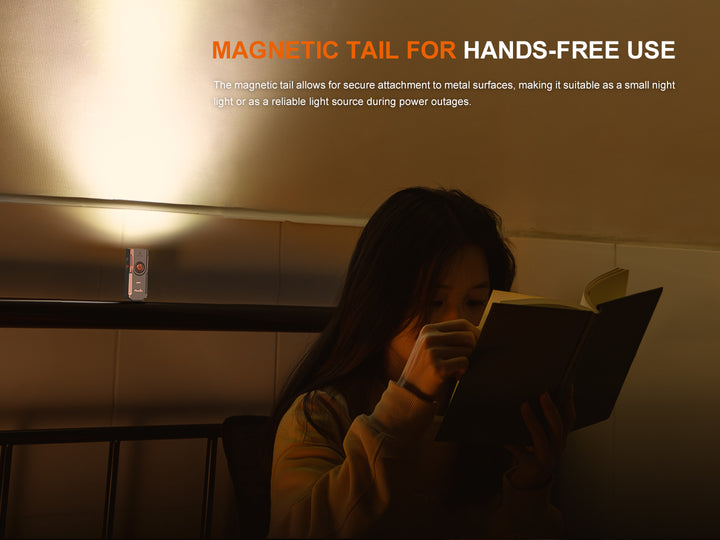 Fenix e06r keychain light used to illuminate a room for a person to read