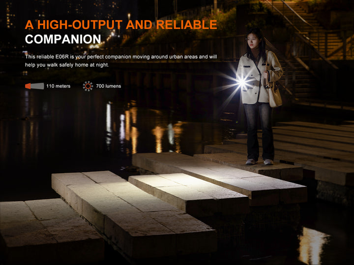 Fenix e06r keychain light used on the docks at night