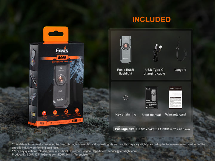 Fenix e06r keychain light in packaging with included accessories