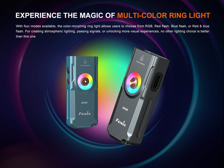 Graphics showing the colorful ring light of the Fenix e06r keychain light 