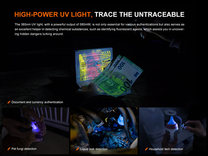 several photos showing the uses of the UV light of the Fenix e06r keychain light 