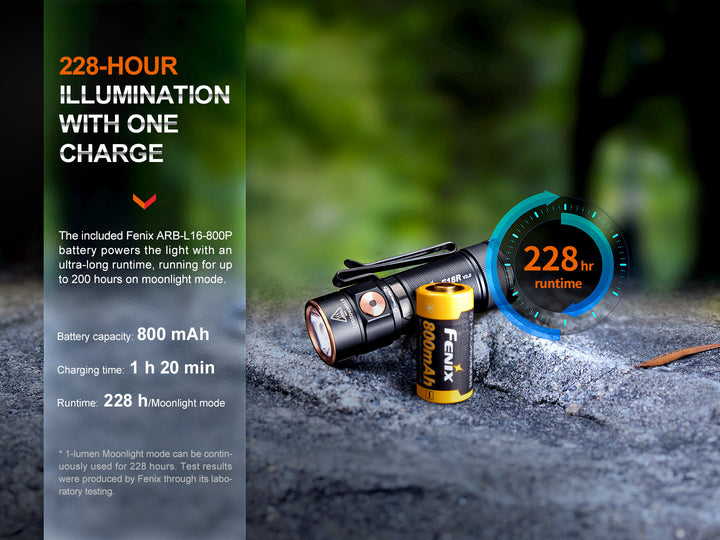 Fenix e18r v2 rechargeable flashlight with battery sitting on stone