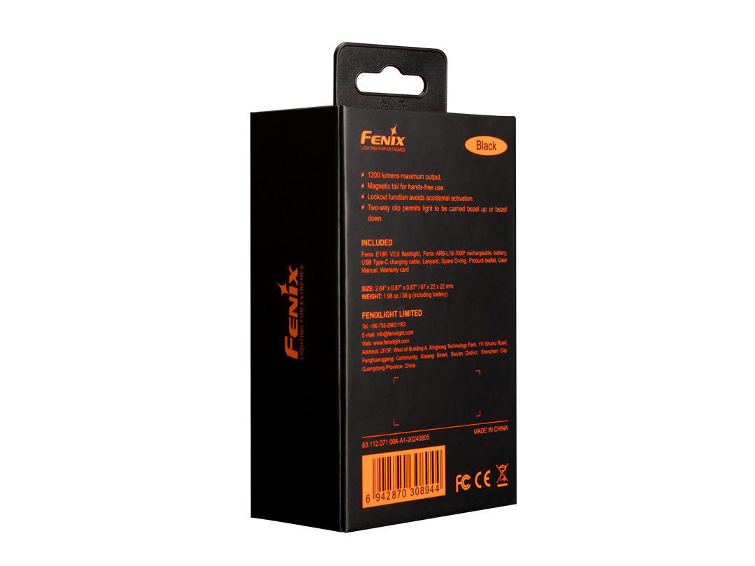 Fenix e18r v2 rechargeable flashlight gift box as viewed from the back