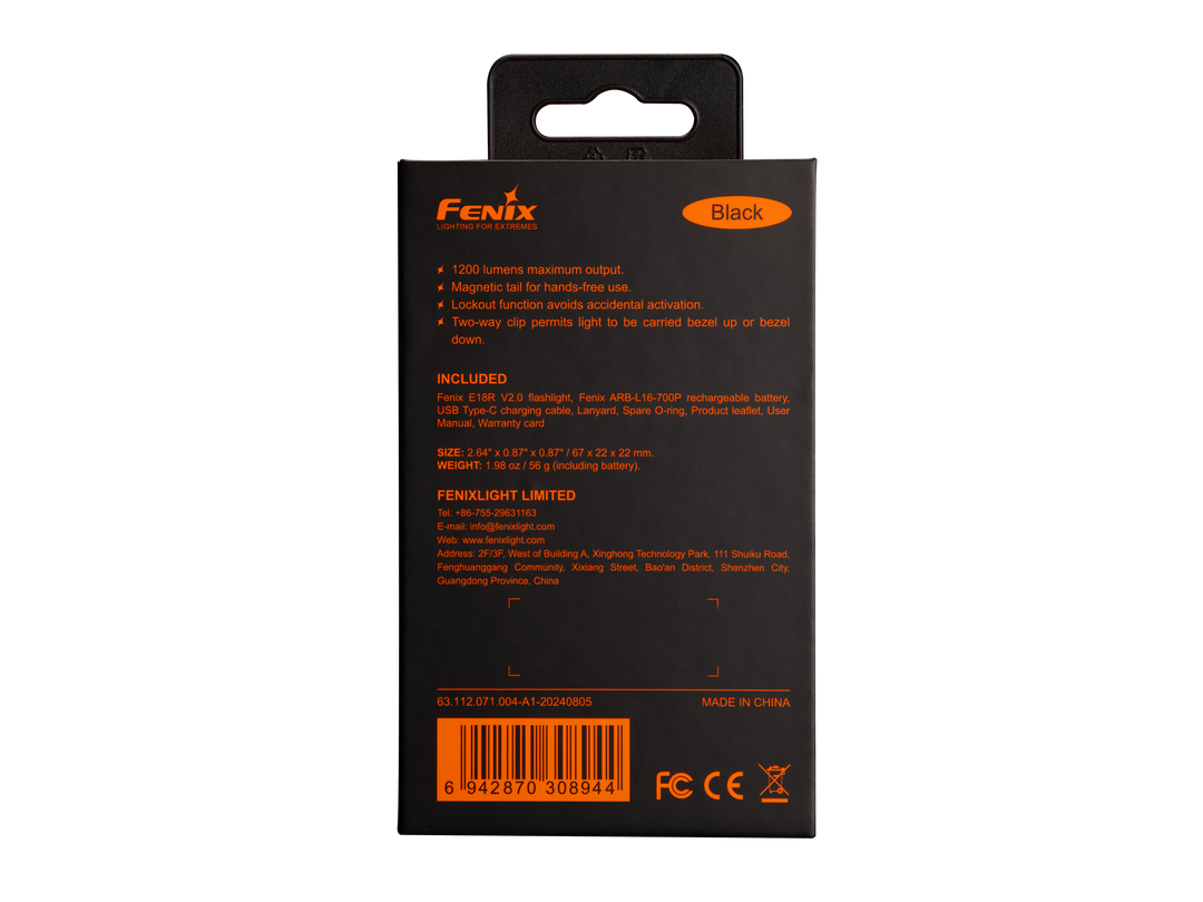 Fenix e18r v2 rechargeable flashlight showing the back of the gift box