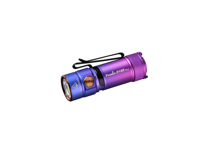 Fenix e18r v2 rechargeable flashlight in purple as viewed from the top