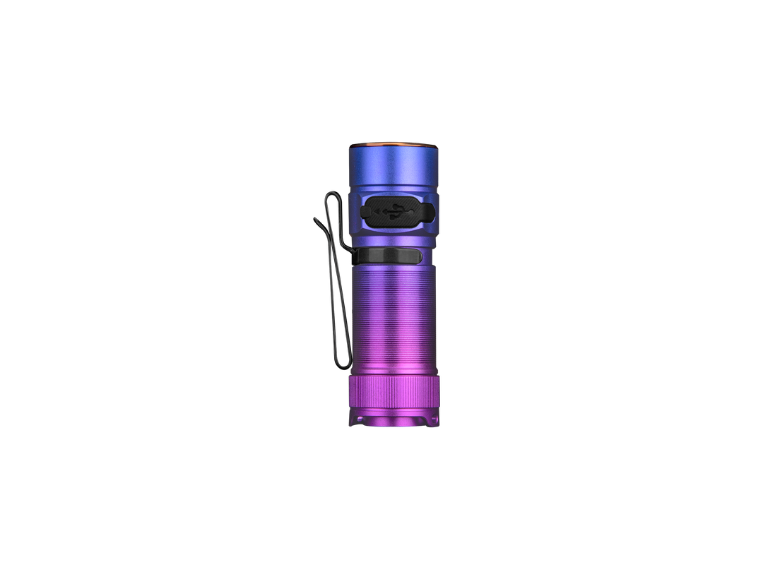 Fenix e18r v2 rechargeable flashlight in purple as viewed from the bottom