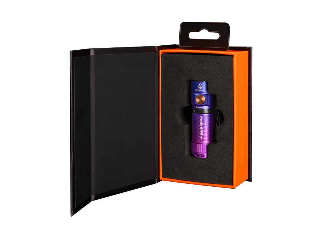 Fenix e18r v2 rechargeable flashlight in purple with gift box packaging