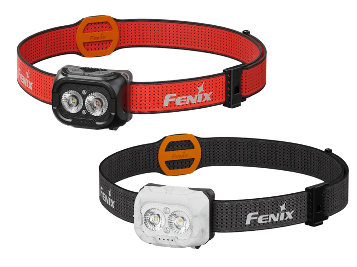 Two Fenix HL18R-T V2 headlamps with red and black straps and silver metallic front, one showing the front lens and switch, the other showing the side profile.