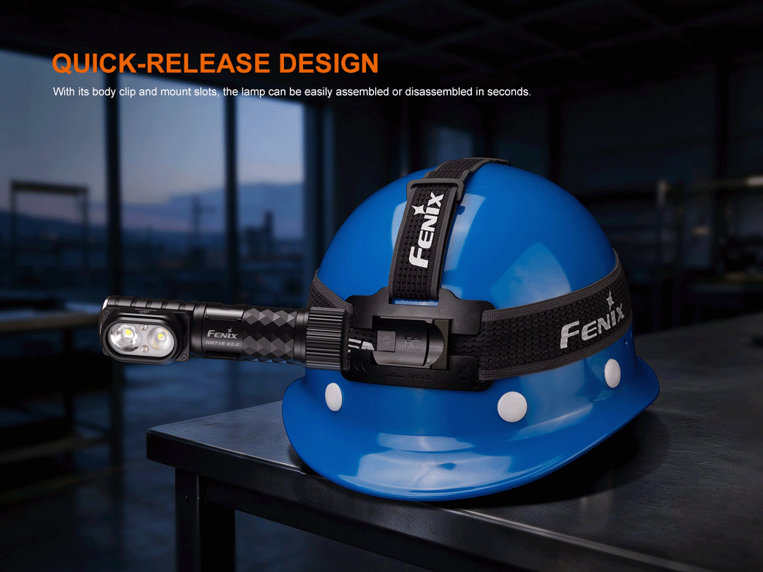 Fenix HM71R V2.0 headlamp quick-release body clip attached to a blue hard hat