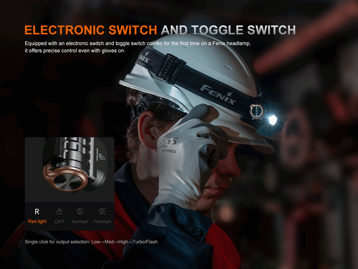 Fenix HM71R V2.0 headlamp electronic switch and toggle switch combo being operated by a gloved worker wearing a hard hat