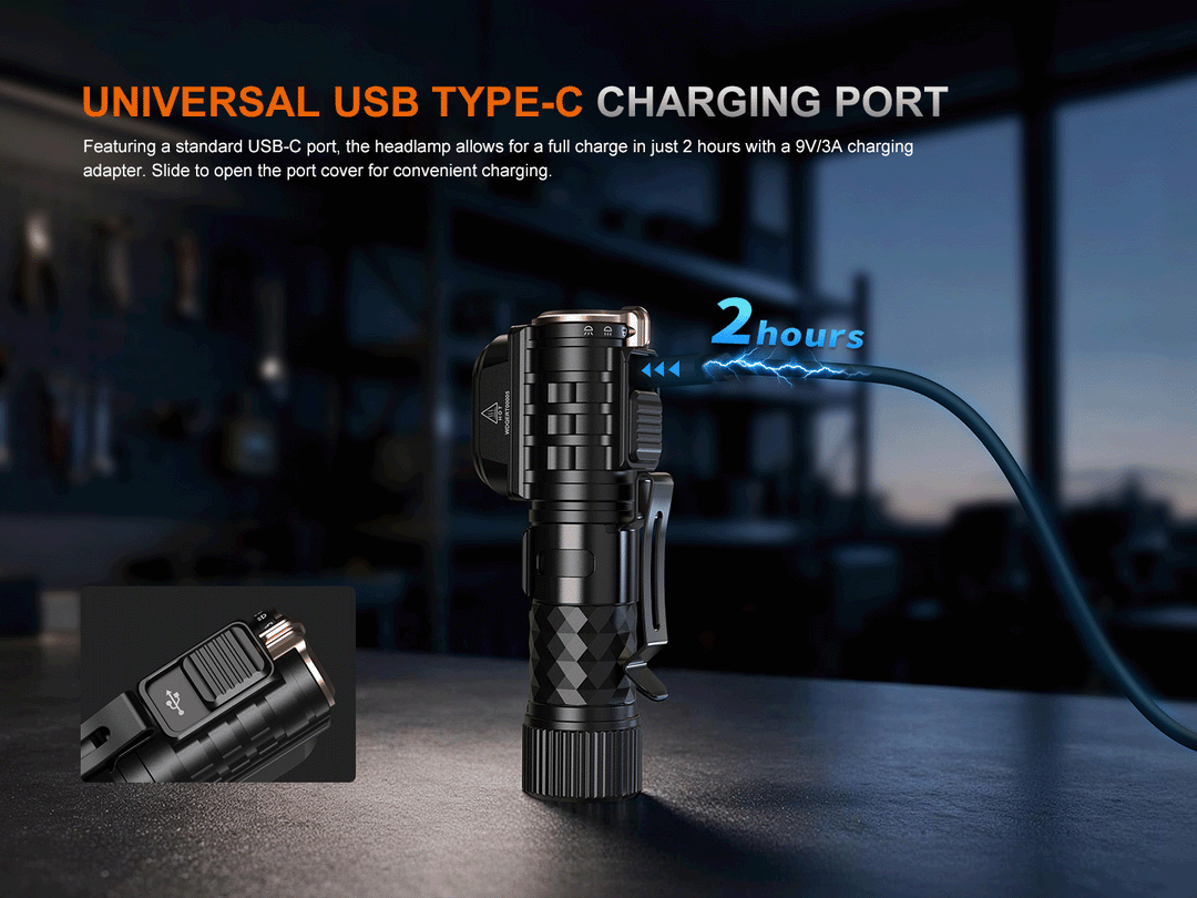 Fenix HM71R V2.0 headlamp USB Type-C charging port with cable connected, fully charging in about 2 hours