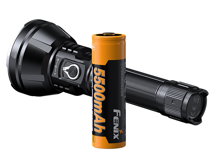 Fenix HT32R flashlight shown with its included ARB-L21-5500 rechargeable 21700 battery