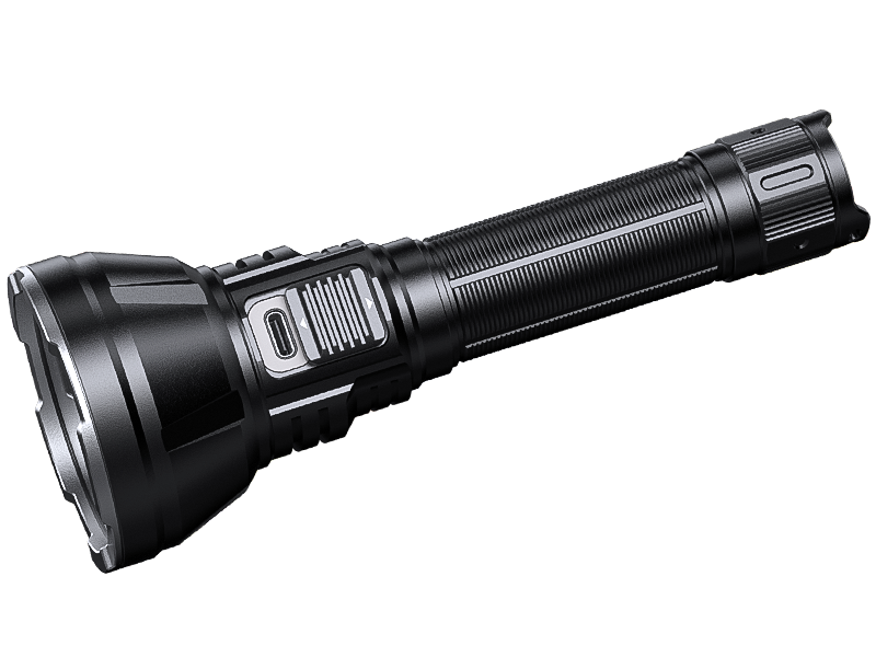 Fenix HT32R flashlight angled view of the USB-C charging port with its sliding cover