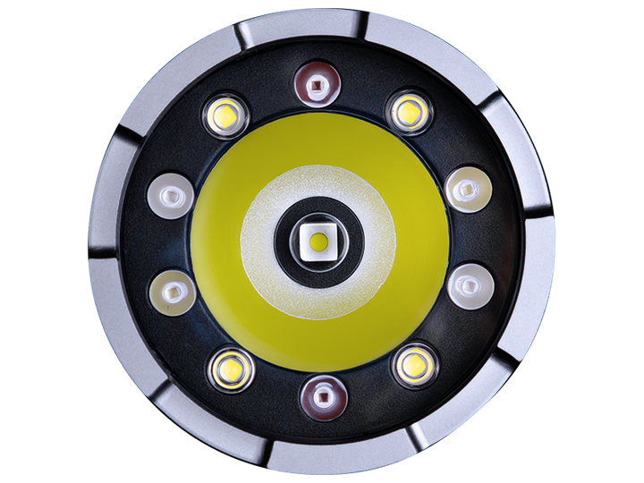 Fenix HT32R TIR lens head-on: central spotlight LED ringed by four flood LEDs and six color LEDs