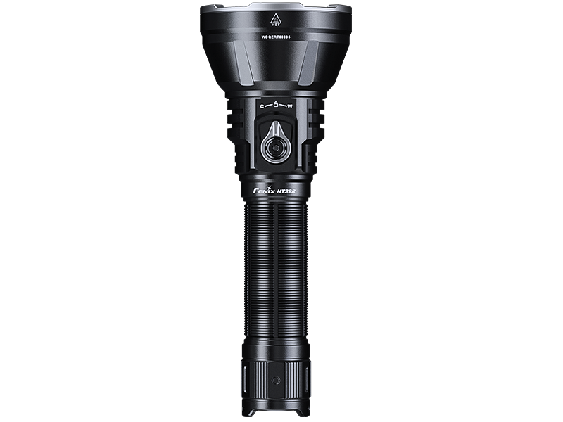 Fenix HT32R flashlight front view showing the color/lockout/white toggle switch and electronic switch