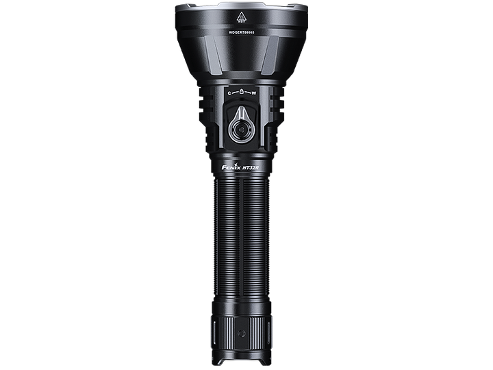 Fenix HT32R flashlight front view showing the color/lockout/white toggle switch and electronic switch