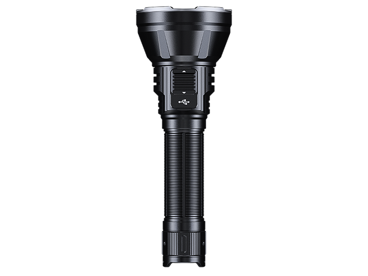 Fenix HT32R flashlight back view showing the USB-C port and sliding port cover