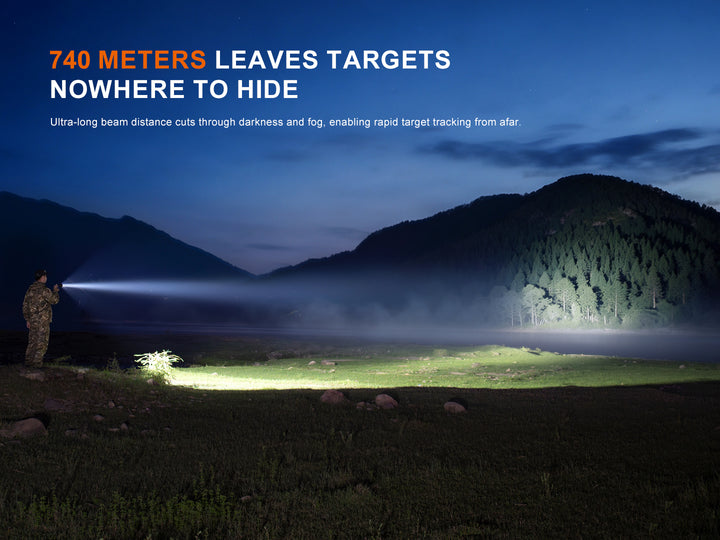 Fenix HT32R beam reaching a distant mountainside through fog, 740 meter beam distance