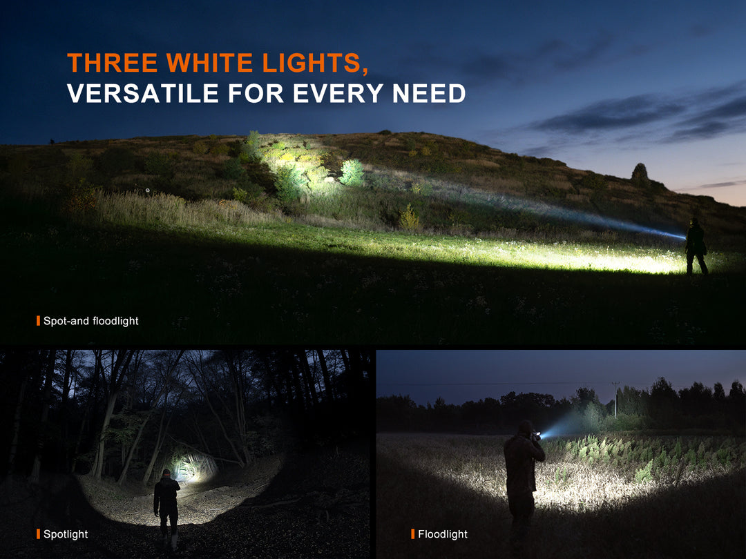 Fenix HT32R three white light modes in use outdoors: spot-and-floodlight, spotlight, and floodlight