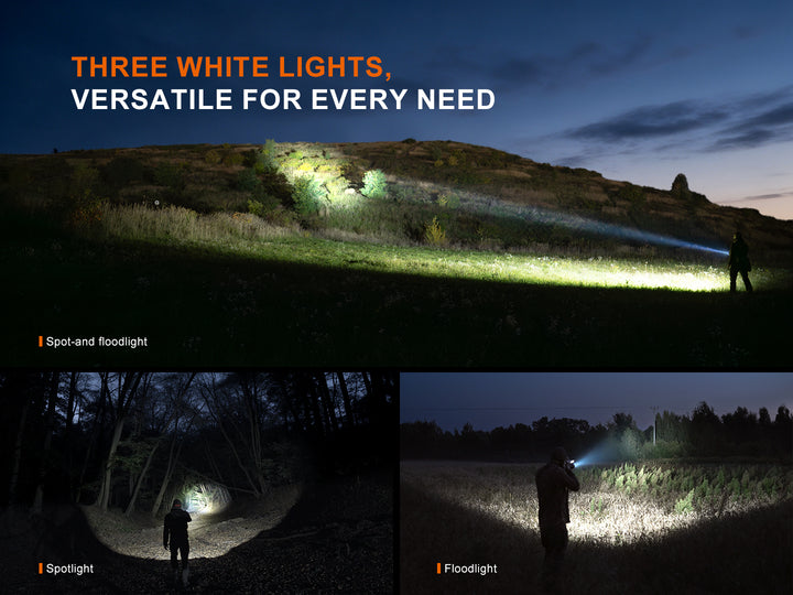 Fenix HT32R three white light modes in use outdoors: spot-and-floodlight, spotlight, and floodlight