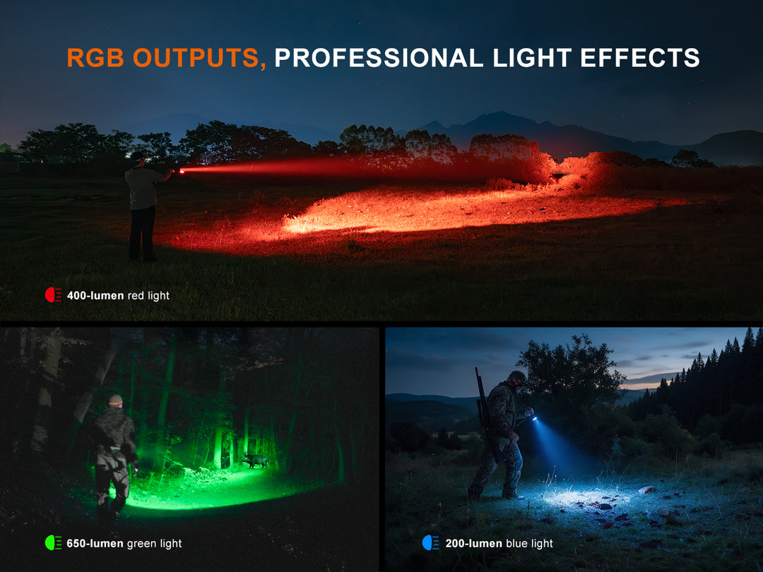 Fenix HT32R color light modes in use: 400 lumen red light, 650 lumen green light, and 200 lumen blue light