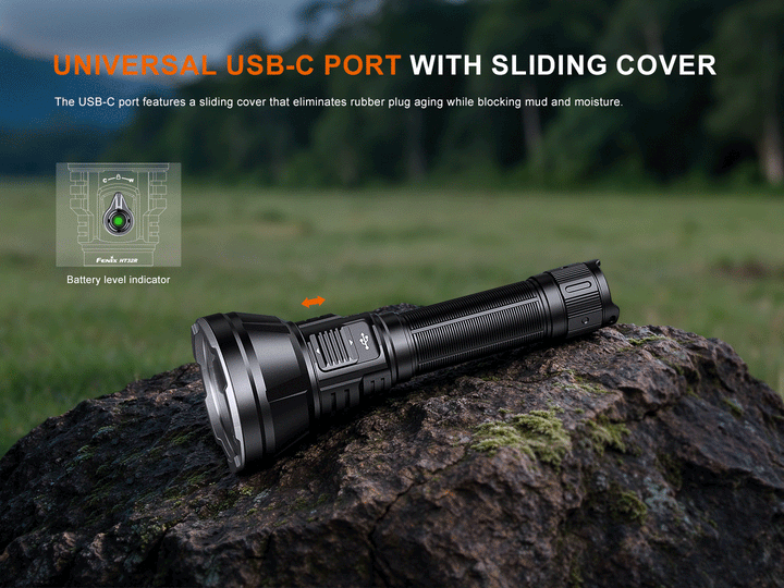 Fenix HT32R with sliding cover over the USB-C charging port and the battery level indicator on the neck